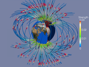 Earth's magnetic field is generated in its liquid iron core. Depicted are the results of a 3-D self-consistent computer simulation. Magnetic field lines are shown, with the strongest field near the poles being depicted in red and yellow. Courtesy Jean Favre, CSCS.