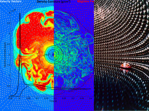 A collage of a three-dimensional supernova simulation (centre left) and the Kamiokande neutrino detector (right). The simulation shows a cross-section from inside the collapsing star. The inner blue sphere corresponds to the neutron star formed. On the left in blue, cold, collapsing outer layers; in red, hot layers between the neutron star and the shockwave. The centre displays the structure of the magnetic fields entangled by turbulences. The black curve represents the expected neutron emission, which was detected for SN1987A in the Kamiokande neutrino detector for the first time. (Source: M. Liebendörfer)