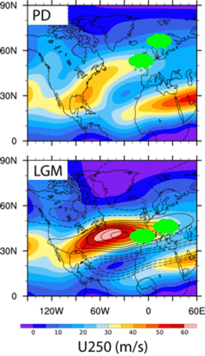 The image shows the behaviour of the jet stream and precipitation in the winter months today (PD) and during the last glacial maximum (LGM). (Source: Christoph Raible)