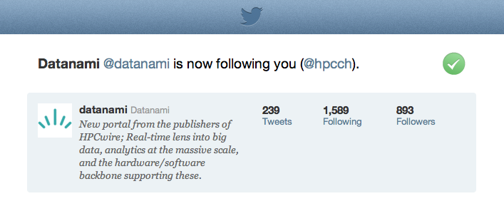 hpcch welcomes @datanami as the 100th follower on Twitter