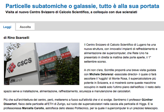 Swiss Italian Radio RSI broadcast “Scintille” reporting about CSCS