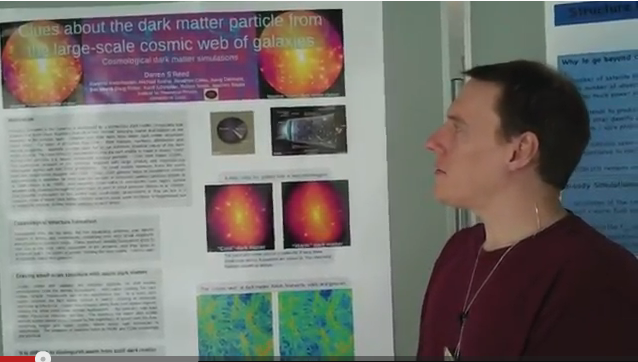 Darren Reed presents his poster on “Clues about the dark matter particle from the large-scale cosmic web of galaxies”